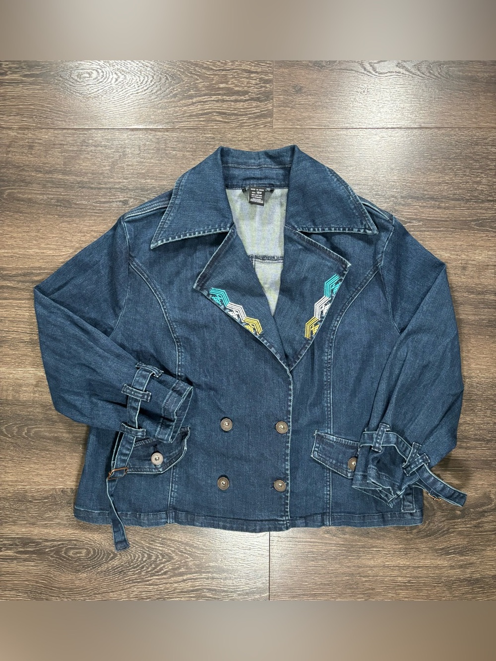 Denim Double-Breasted Jacket with Embroidered Accent - Blue